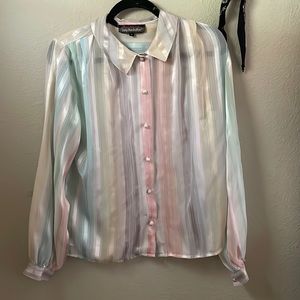 Vintage Lady Manhattan sheer pastel striped button down long sleeve top
